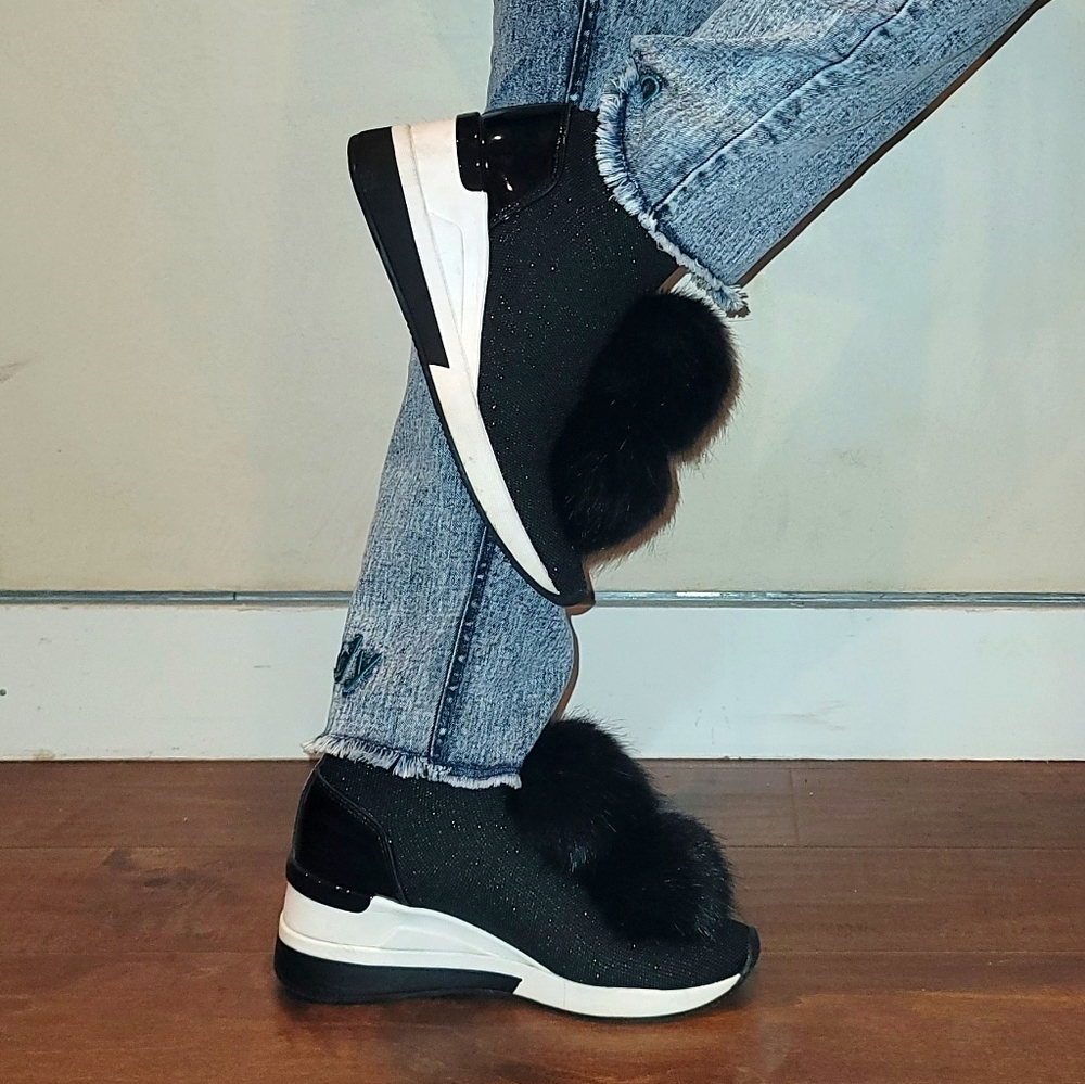 Skyler Pom-Pom Metallic Stretch-Knit Sock Sneaker